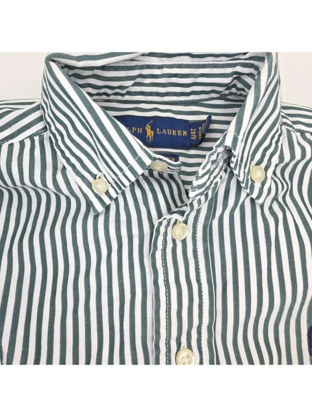 Ralph Lauren Button Shirt Boys 4/4T Green Natural Stretch 100% Cotton Striped